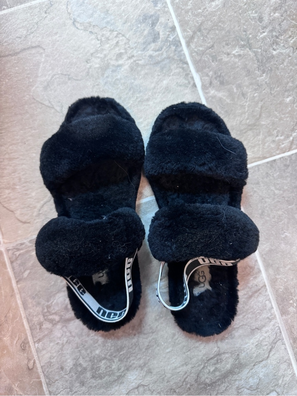 UGG Black Faux-Shearling Dual Strap Slide Sandals with Logo Heel Strap